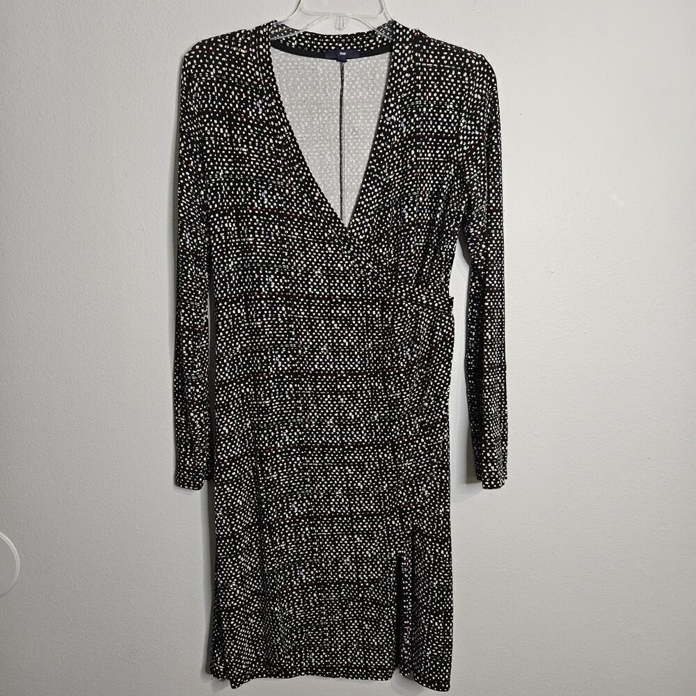Gap Womens Black Print Faux Wrap Long Sleeve Dress Specks Of Color Sz M